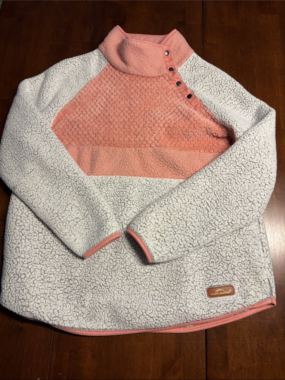 Simply Southern Pink and Cream Sherpa Button Mock-Neck Pullover